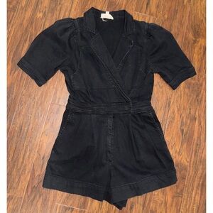 Day + Moon Black Washed Denim Puff Sleeve Collared Romper